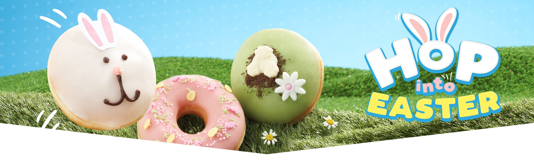 Easter 2023 Doughnuts Header Image Copy reads 'Hope into Easter', and image shows three Krispy Kreme Easter Doughnuts