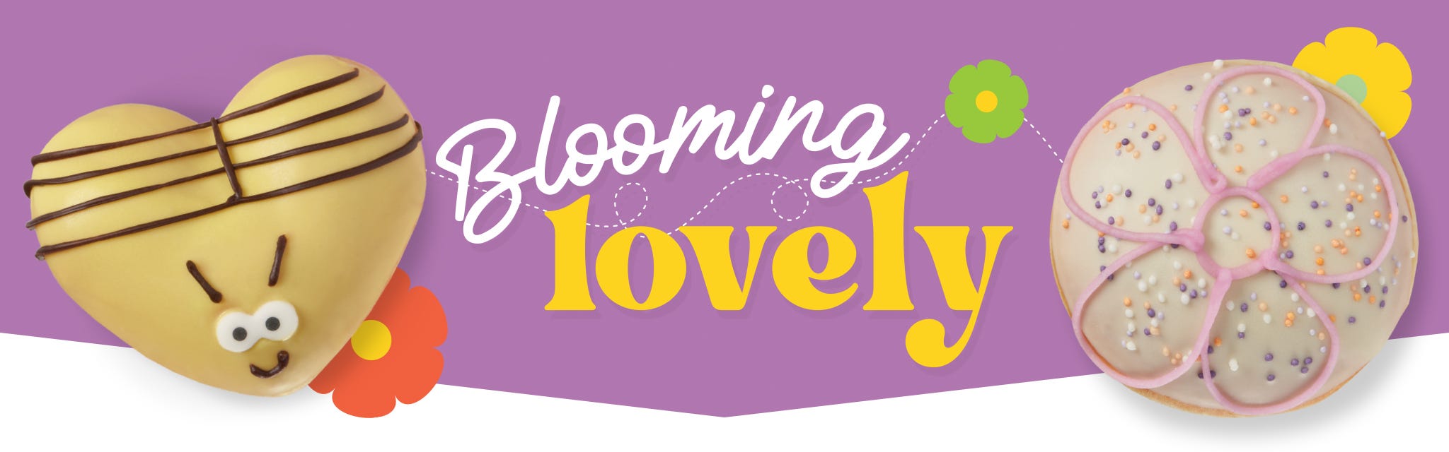 Mother'ds Day Banner Mothers Day Doughnuts, Bee and Flower doughnut on purple background. Title reads 'Blooming Lovely'