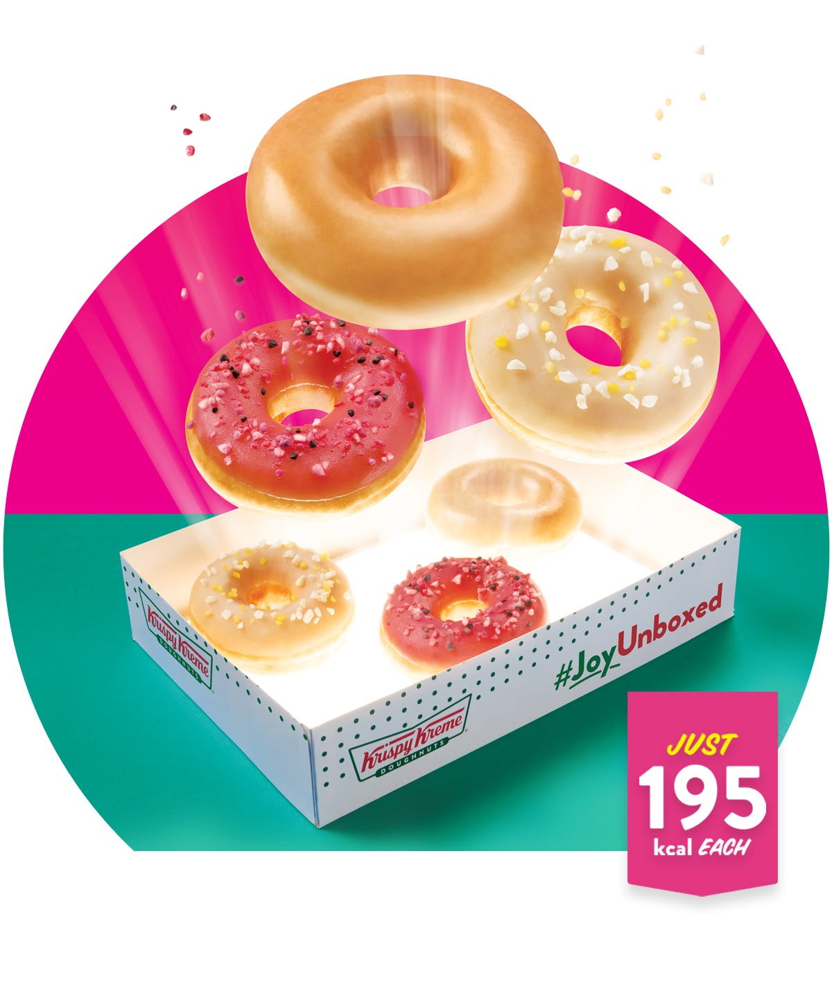 Say Yes Lower Calorie Dozen Open Box Say Yes dozen, open box, with floating doughnuts. Light and bright treats. Only 195 calories.