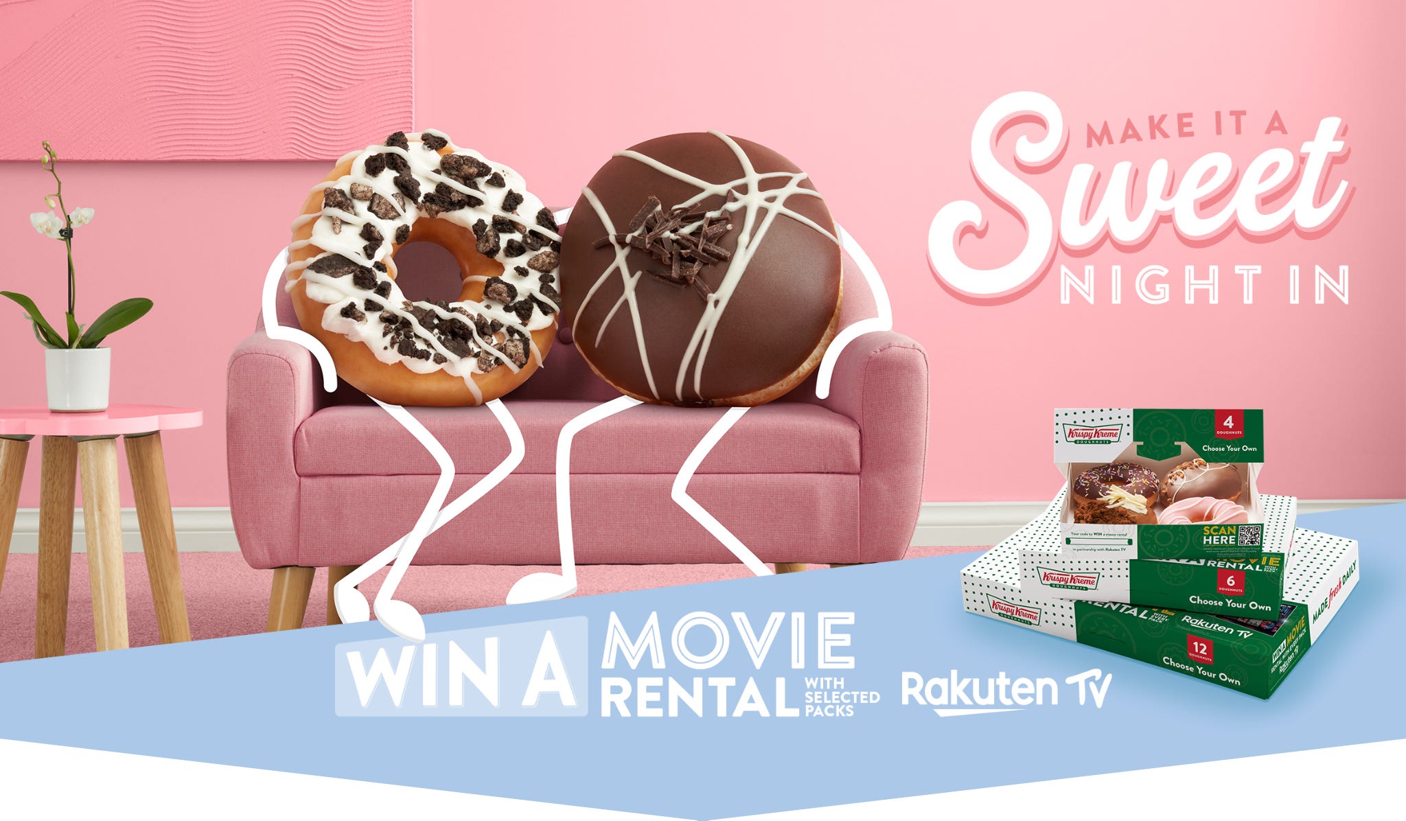 Make it a sweet night in with Krispy Kreme doughnuts Krispy Kreme's Sweet Night In Banner-Win a free Movie Rental
